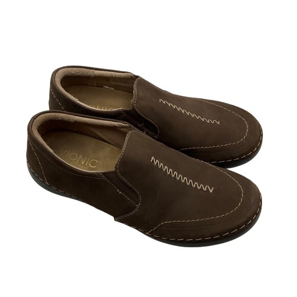 Vionic 5 Orthaheel Tech Leather Brown Slip-On Shoes Addison Moccassin Sneakers - Picture 4 of 14